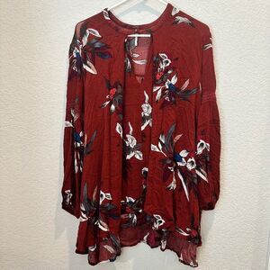Free People Red Floral Oversized Long Sleeve Tunic Blouse - Size Small - EUC